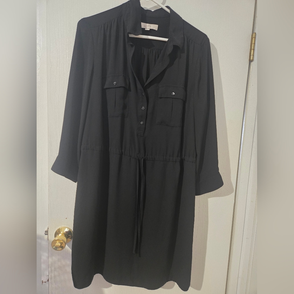 LOFT Size 12 Black Long Sleeve Dress. Ties In Front.